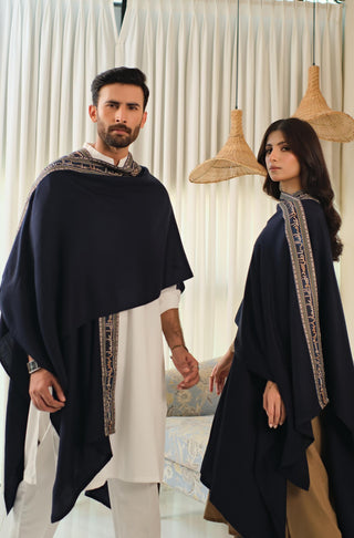 Manto Unisex Ready To Wear Acrylic Wool Outerwear Sabaat Cape Blue & Green Featuring Urdu Poetry by Allama Iqbal