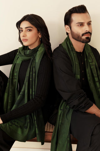 Shopmanto, wear manto pakistani clothing brand, manto women men unisex ready to wear urdu calligraphy jazba weaved winter muffler stole Green, winter collection, acrylic wool scarf stole