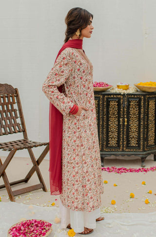 Manto Women's Ready To Wear Lawn 1 Piece Roshni Kurta Long Shirt Beige & Red Calligraphed with Random Urdu Words
