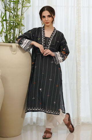 Manto Women's Black Manzar Kurta Made from Premium Lawn featuring Urdu Calligraphy paired with White Straight Pants