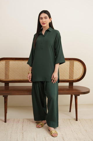 Raya Solid Green Co-ord set is made from ultra-soft wash and wear material featuring short shirt with collar and placket details and shalwar with relaxed fit