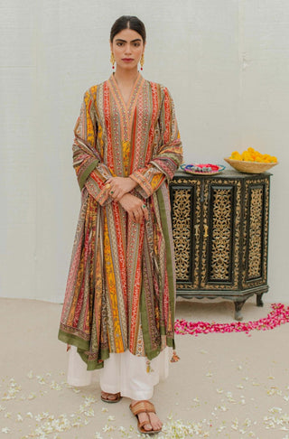 Shopmanto, wear manto pakistani clothing brand, manto ready to wear women one piece mustard gulistan stripes long printed urdu lawn kurta featuring poetry of allama iqbal calligraphed through out the kurta