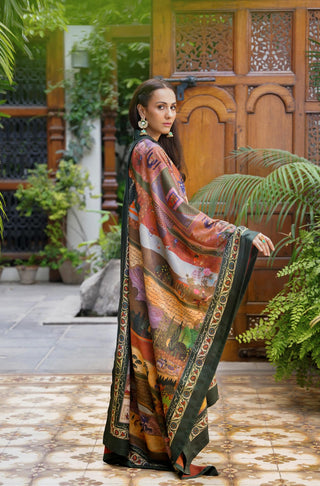 Shop manto, wear manto pakistani clothing brand ready to wear green & rust unisex bagh-e-mughal shawl urdu scarf with urdu calligraphy featuring poetry inspired by mughal gardens