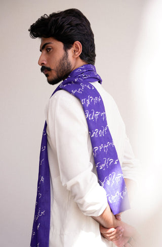 Shopmanto, wear manto pakistani clothing brand ready to wear men and women textured double sided indigo armaan stole muffler with urdu calligraphy featuring poetry of mirza ghalib, urdu winter stoles