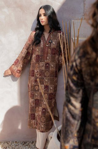 Manto Woman's Stitched Summer Jacquard 1 Piece Jugnu Kurta Antique Maroon Featuring Illustration & Poetry of Allama Iqbal