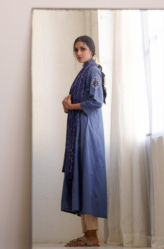 Manto Women's Ready To Wear 1 Piece Lawn Raqs Anarkali Frock Navy Blue with Urdu Calligraphy of Poetry by Haider Ali Atish on Sleeves