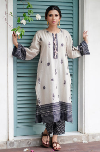 Manto Women's Stitched 2 Piece Matching Lawn Uraan Beige & Black Co-ord Set Calligraphed with Words of Kaif Moradaabadi