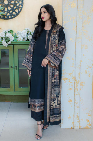 Manto Woman's Stitch Summer Jacquard 2 Piece Matching Taj Mahal Co-ord Set Black with Long Kurta & Straight Trouser Pants, Kubra Khan Noor Jehan Dress