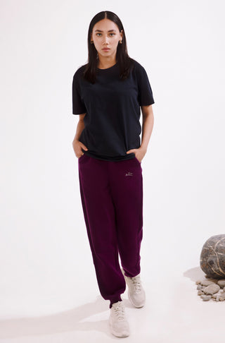 Manto Ready to Wear Buttery Soft Women's Smart Fit Space Blue 360° Tee Shirt with Manto Logo Embroidered on Short Sleeve Made from Cotton & Lycra Material Paired with Triple Layered Premium Fleece Very Plum Jogger Pants