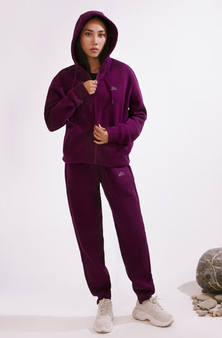 Manto, Pakistan's Most Comfy Ready to Wear Women's Triple Layered Premium Fleece Very Plum Zipper Hoodie with Urdu Manto Logo & Hood Paired with Very Plum Jogger Pants