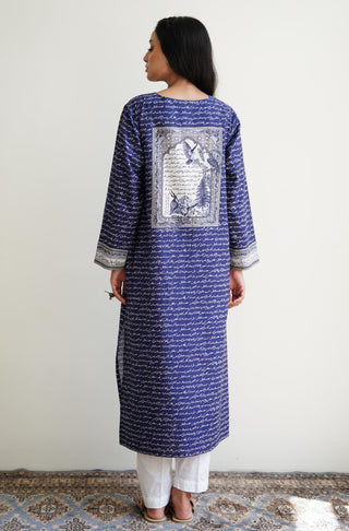 Manto Women's Ready To Wear 1 Piece Long Virsa Lawn Kurta Shirt Blue Featuring Urdu Calligraphy of Poetry by Allama Iqbal & Illustration of National Elements of Pakistan