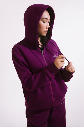 Manto, Pakistan's Most Comfy Ready to Wear Women's Triple Layered Premium Fleece Very Plum Zipper Hoodie with Urdu Manto Logo & Hood Paired with Very Plum Jogger Pants