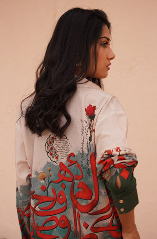 Manto Women's Ready To Wear 1 Piece Front Open Button Down Noor Shirt Shades of Forest Calligraphed with Random Urdu Letters