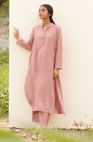 Manto Women's Ready to Wear 2 Piece Matching Solid Kalidaar Co-ord Set Mauve Pink with A-line Long Kurta & Straight Trouser Pants Made from BREEZE® Technology Butter Fabric