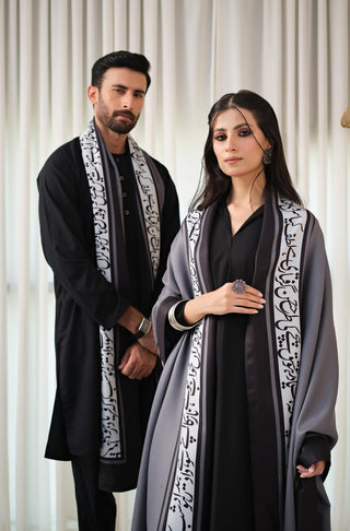 Shop manto, wear manto pakistani clothing brand ready to wear grey hayaat unisex shawl with urdu poetry featuring poetry by Mir Taqi Mir