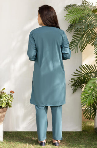 Manto Women's Ready to Wear 2 Piece Solid Deep Teal Lucknow (Women) Coord Set with Mid Length Kurta & Straight Trouser Pants