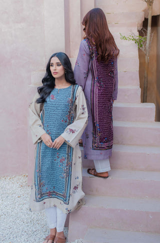 Manto Women's Ready To Wear Phool Khaddar Long Kurta Shirt Blue & Beige with Urdu Calligraphy of Poetry by Jigar Murad Abadi & Sahir Ludhianvi