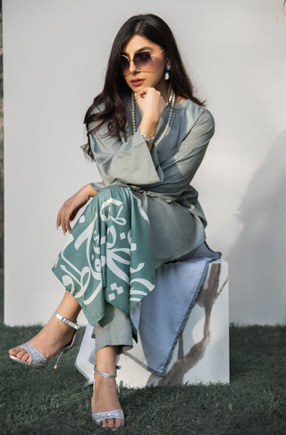 Manto Women's Ready to Wear Printed 2 Piece Matching Qalb Co-ord Set Grey Teal with Long Shirt Kurta Calligraphed with Random Urdu Letters & Straight Trouser Pants