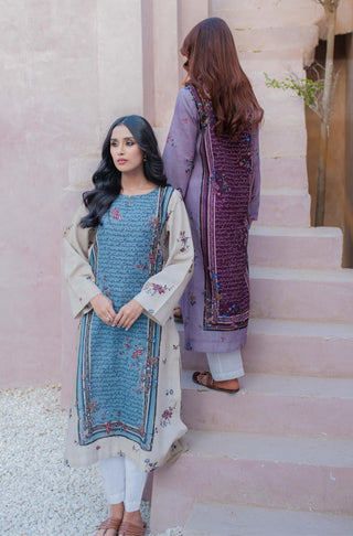 Manto Women's Ready To Wear Phool Khaddar Long Kurta Shirt Plum & Lilac with Urdu Calligraphy of Poetry by Jigar Murad Abadi & Sahir Ludhianvi