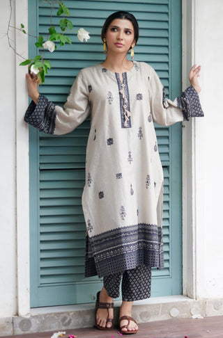 Manto Women's Stitched 2 Piece Matching Lawn Uraan Beige & Black Co-ord Set Calligraphed with Words of Kaif Moradaabadi