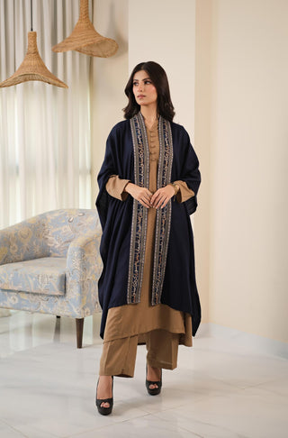 Manto Unisex Ready To Wear Acrylic Wool Outerwear Sabaat Cape Blue & Green Featuring Urdu Poetry by Allama Iqbal