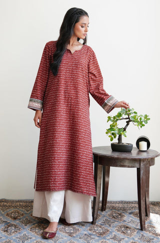 Manto Women's Ready To Wear 1 Piece Long Virsa Lawn Kurta Shirt Brick Red Featuring Urdu Calligraphy of Poetry by Allama Iqbal & Illustration of National Elements of Pakistan
