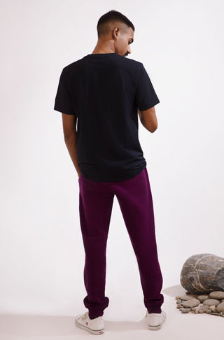 Manto Ready to Wear Buttery Soft Men's Smart Fit Space Blue 360° Tee Shirt with Manto Logo Embroidered on Short Sleeve Made from Cotton & Lycra Material Paired with Triple Layered Premium Fleece Very Plum Jogger Pants