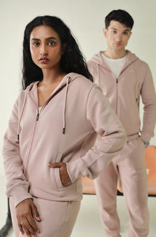 Manto, Pakistan's Most Comfy Ready to Wear Unisex Triple Layered Premium Fleece Lowkey Pink Zipper Hoodie with Urdu Manto Logo & Hood Paired with Lowkey Pink Jogger Pants