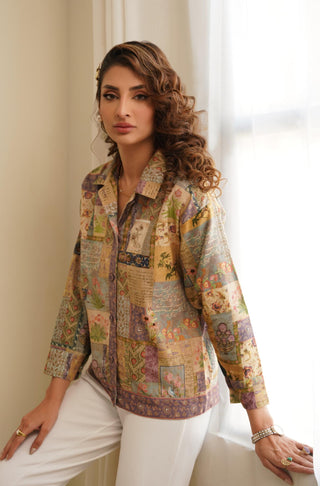 Manto Women's Ready to Wear Front Open Button Down Khaddar Outerwear Overshirt with Urdu Calligraphy