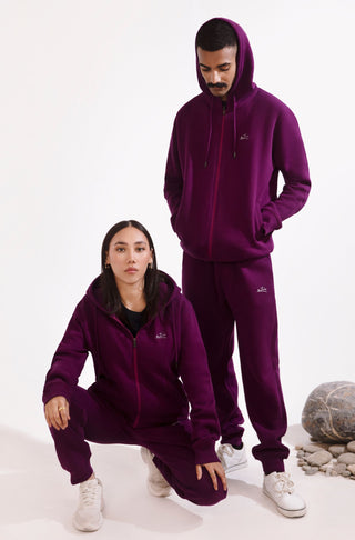 Manto, Pakistan's Most Comfy Ready to Wear Unisex Triple Layered Premium Fleece Very Plum Zipper Hoodie with Urdu Manto Logo & Hood Paired with Very Plum Jogger Pants