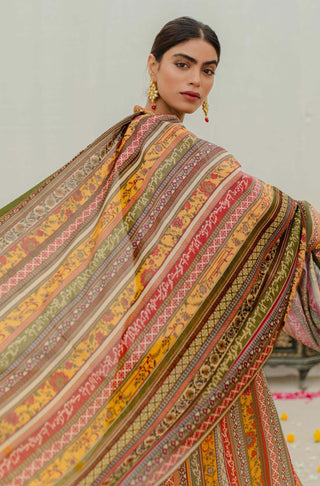 Shopmanto, wear manto pakistani clothing brand, manto ready to wear women one piece printed swiss lawn mustard gulistan stripes urdu dupatta odhni featuring poetry of allama iqbal calligraphed on dupatta