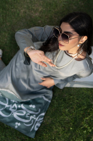 Manto Women's Ready to Wear Printed 2 Piece Matching Qalb Co-ord Set Grey Teal Calligraphed with Random Urdu LettersManto Women's Ready to Wear Printed 2 Piece Matching Qalb Co-ord Set Grey Teal with Long Shirt Kurta Calligraphed with Random UrManto Women's Ready to Wear Printed 2 Piece Matching Qalb Co-ord Set Grey Teal with Long Shirt Kurta Calligraphed with Random Urdu Letters & Straight Trouser Pantsdu Letters & Straight Trouser Pants