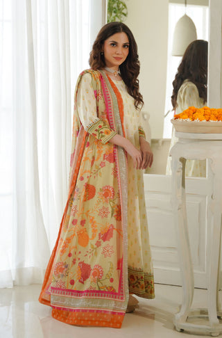 Manto's Printed Women Cream Anarkali with Urdu Calligraphy Paired with Hayaat Mint Green Dupatta