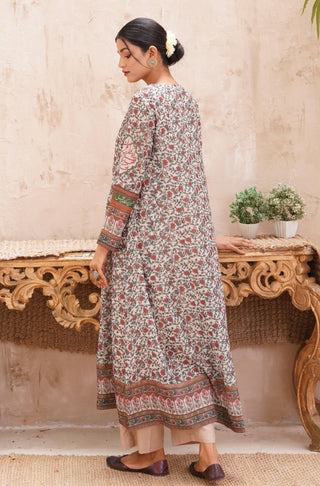 Shopmanto, Pakistani urdu calligraphy clothing brand, wear manto ready to wear women printed lawn one piece front open long green fitrat flared anarkali dress