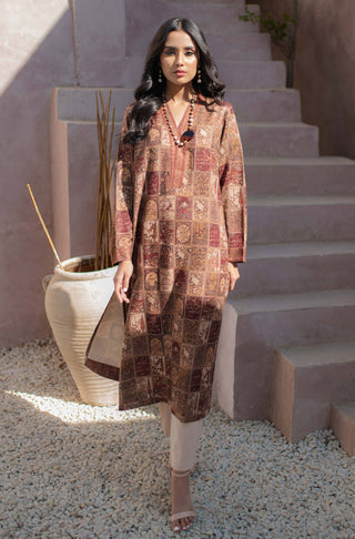 Manto Woman's Stitched Summer Jacquard 1 Piece Jugnu Kurta Antique Maroon Featuring Illustration & Poetry of Allama Iqbal