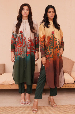 Manto Women's Ready To Wear 1 Piece Lawn Cotton Front Open Button Down Long Shirt Kurta Shades of Forest Calligraphed with Random Urdu Letters