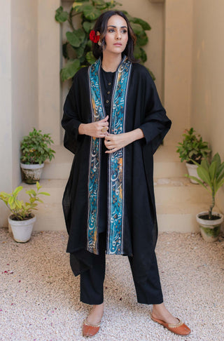 Manto Women's Ready To Wear Acrylic Wool Outerwear Shahkaar Cape Black & Teal Featuring Random Urdu Words Calligraphy