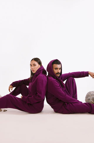 Manto, Pakistan's Most Comfy Ready to Wear Unisex Triple Layered Premium Fleece Very Plum Zipper Hoodie with Urdu Manto Logo & Hood Paired with Very Plum Jogger Pants