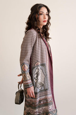 Manto Women's Ready To Wear 1 Piece Front Open Virsa Khaddar Long Coat Maroon Featuring Urdu Calligraphy of Poetry by Allama Iqbal & Illustration of National Elements of Pakistan