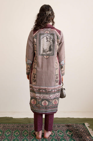 Manto Women's Ready To Wear 1 Piece Front Open Virsa Khaddar Long Coat Maroon Featuring Urdu Calligraphy of Poetry by Allama Iqbal & Illustration of National Elements of Pakistan