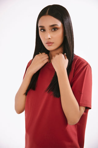 Manto Ready to Wear Buttery Soft Women's Smart Fit Rustic Red 360° Tee Shirt with Manto Logo Embroidered on Short Sleeve Made from Cotton & Lycra Material