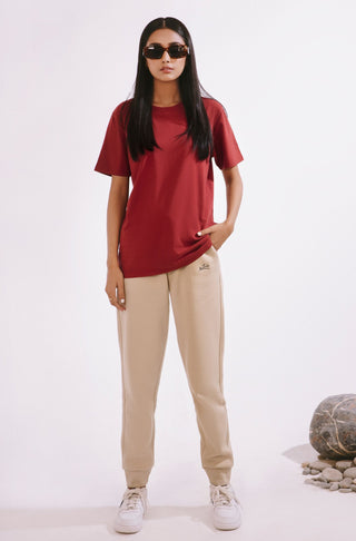 Manto Ready to Wear Buttery Soft Women's Smart Fit Rustic Red 360° Tee Shirt with Manto Logo Embroidered on Short Sleeve Made from Cotton & Lycra Material Paired with Triple Layered Premium Fleece French Vanilla Jogger Pants