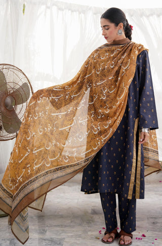 Manto Women's Ready to Wear Printed 1 Piece Golden Brown Qadr Dupatta Featuring Urdu Calligraphy of Poetry by Nida Fazli Paired with Matching 2 Piece Black Qadr Co-ord Set