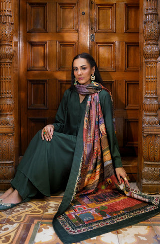 Shop manto, wear manto pakistani clothing brand ready to wear green & rust unisex bagh-e-mughal shawl urdu scarf with urdu calligraphy featuring poetry inspired by mughal gardens