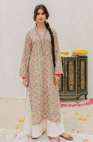 Manto Women's Ready To Wear Lawn 1 Piece Roshni Kurta Long Shirt Mint & Pink Calligraphed with Random Urdu Words