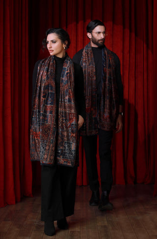 Duo Shot of Manto's Qala Velvet Stole for Men and Women, part of Mehfil by Manto Festivewear.