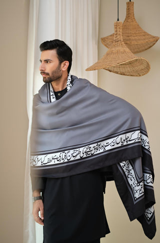 Shop manto, wear manto pakistani clothing brand ready to wear grey hayaat unisex shawl with urdu poetry featuring poetry by Mir Taqi Mir