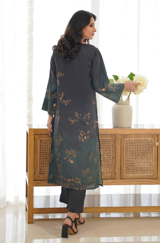 Manto Two Piece Black & Green Crepe Co-Ord Set with Straight Long Shirt & Trouser Featuring Urdu Calligraphy