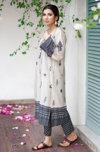 Manto Women's Stitched 2 Piece Matching Lawn Uraan Beige & Black Co-ord Set Calligraphed with Words of Kaif Moradaabadi