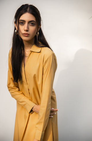 Shopmanto, Pakistani urdu calligraphy clothing brand, wear manto ready to wear women solid two piece matching coord wash n wear mustard yellow mira set with long kurta and straight pants